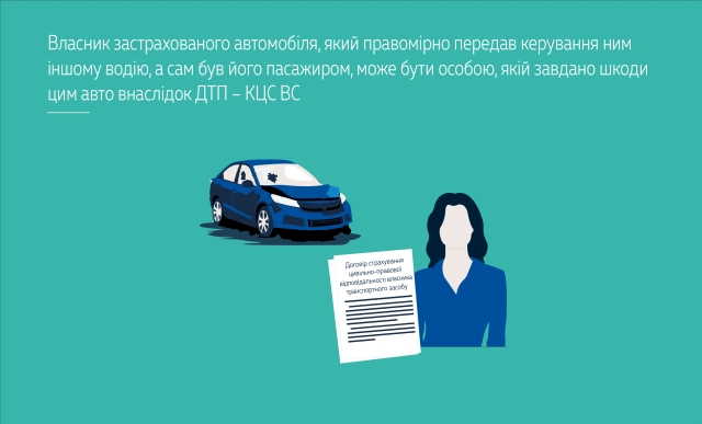 Власник застрахованого автомобіля, який правомірно передав керування ним іншому водію, а сам був його пасажиром, може бути особою, якій завдано шкоди цим авто внаслідок ДТП – КЦС ВС